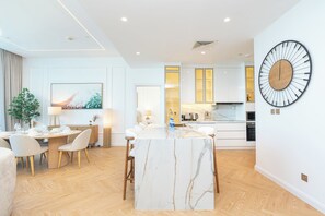 Luxury Apartment, Sea View | Private kitchen | Full-sized fridge, microwave, oven, stovetop
