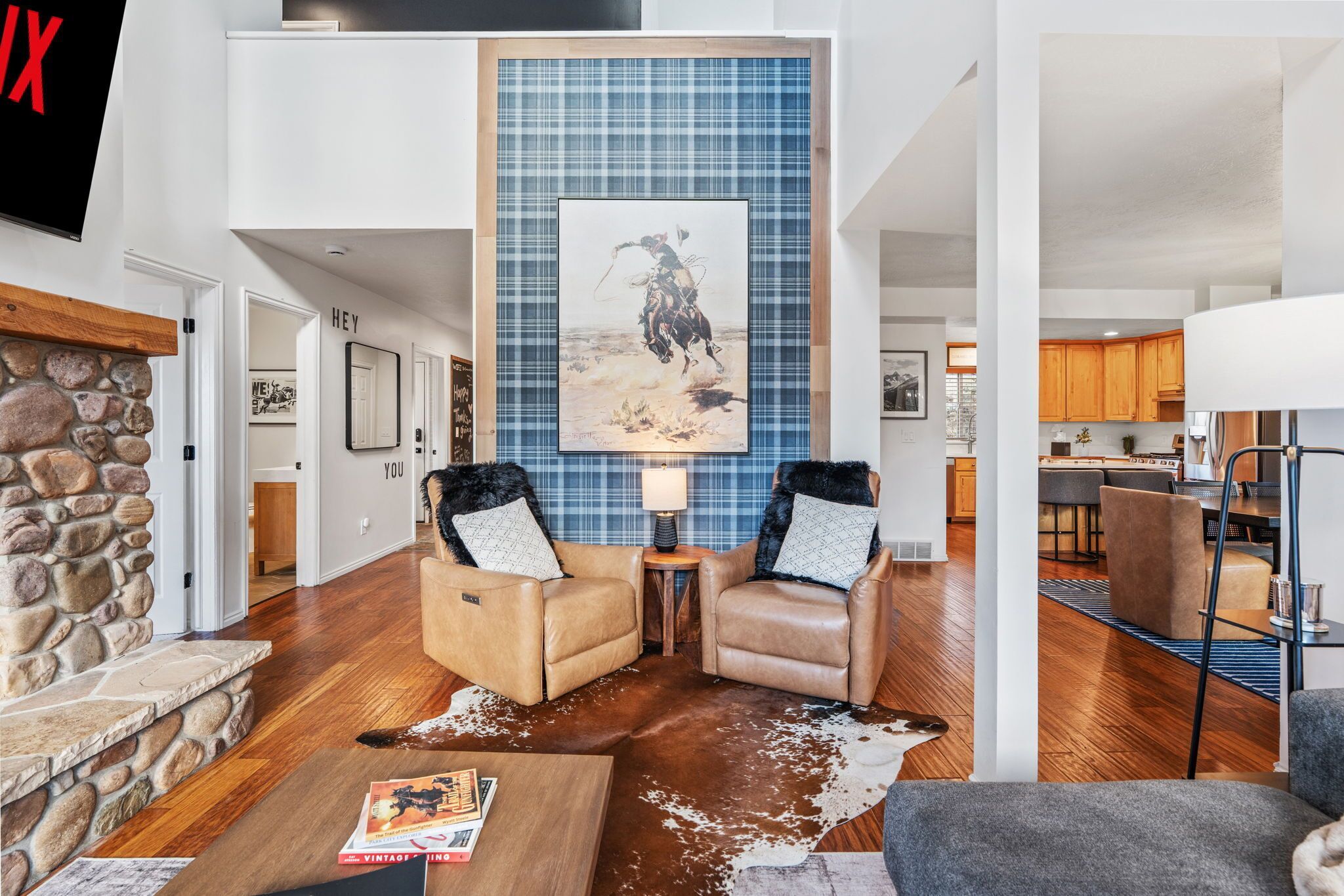 Smart TV, fireplace, video games, books