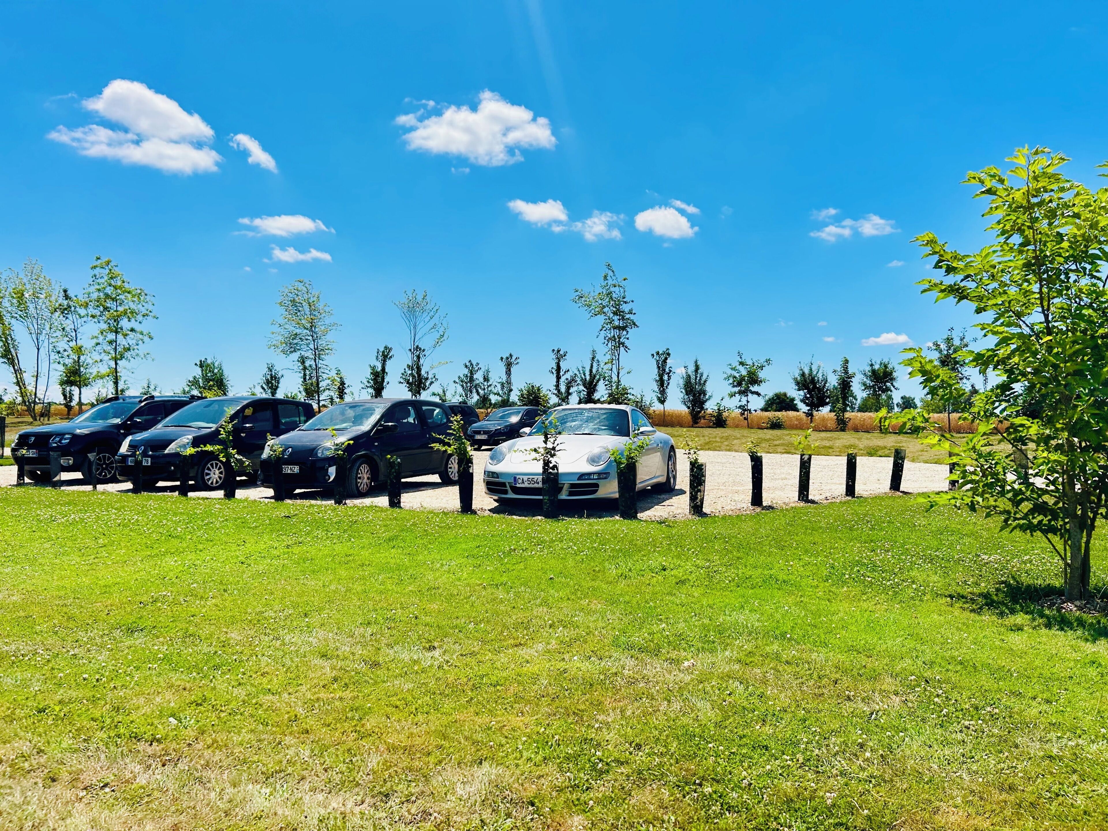 Un parking où plusieurs voitures sont garées à la suite, entouré d’herbe et d’arbres.