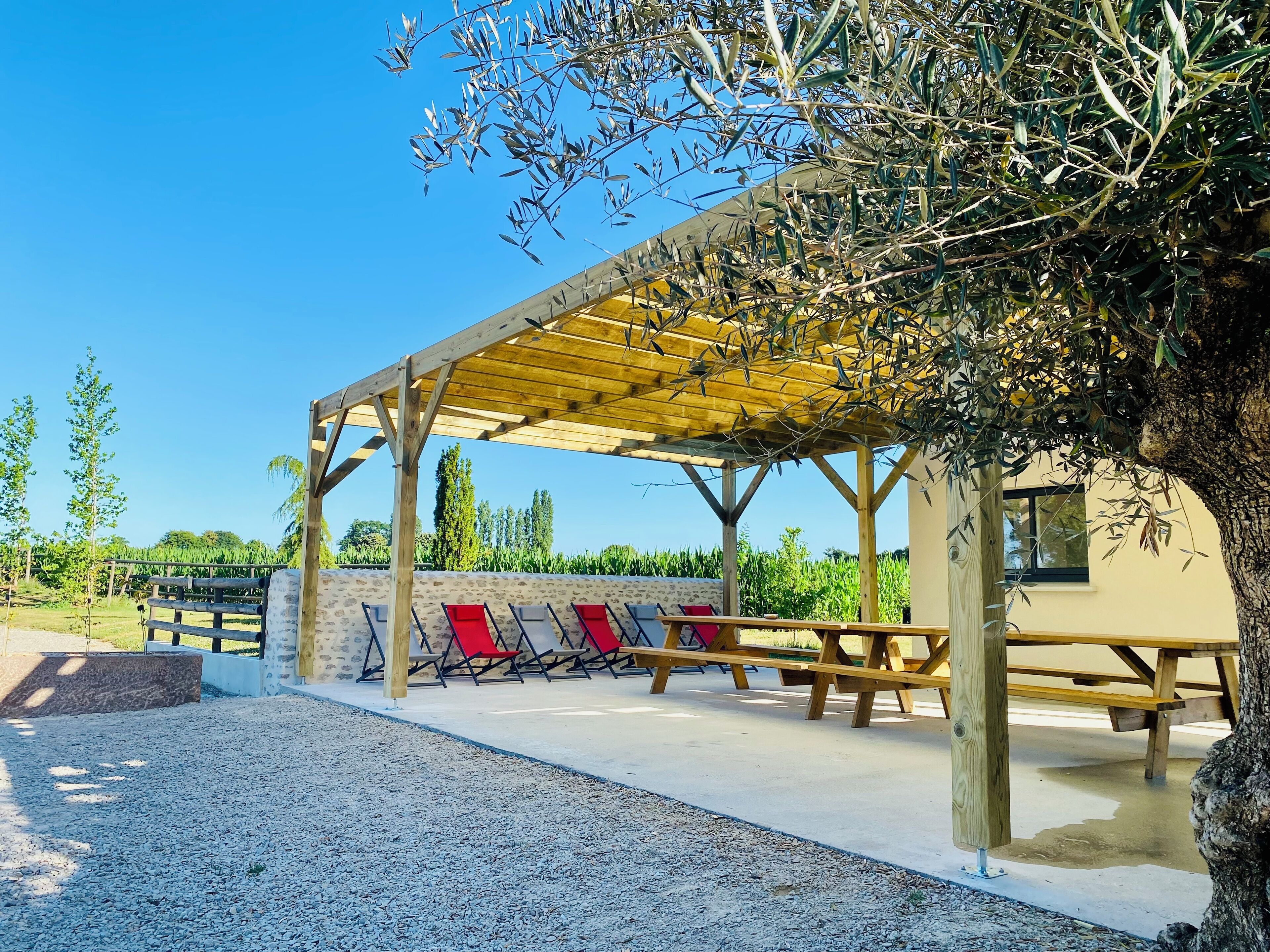 An outdoor seating area with wooden benches and red chairs under a pergola, surrounded by greenery and a clear sky.