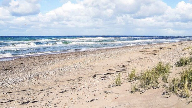 Una playa con olas, piedras y escasa hierba.