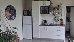 A compact kitchen with white cabinets, a microwave, and a sink. There is a decorative plate on the wall and a plant on the counter.