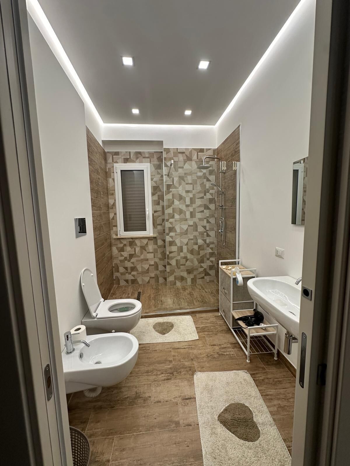 Chuveiro, secador de cabelo, bidê, toalhas de banho