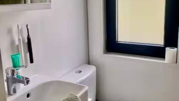Shower, towels, soap, toilet paper