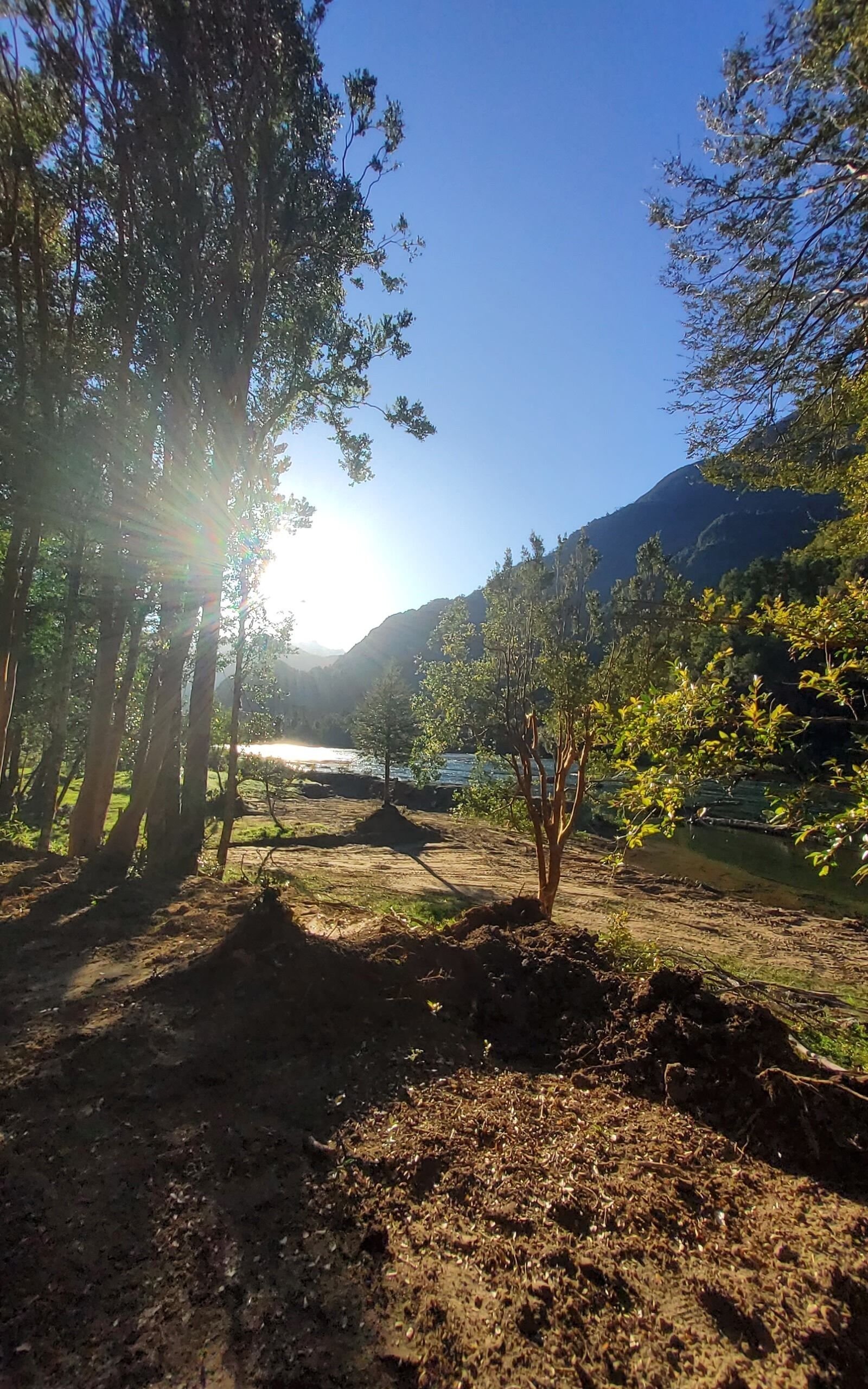 A natural landscape with a river, trees, and a mountain in the background.