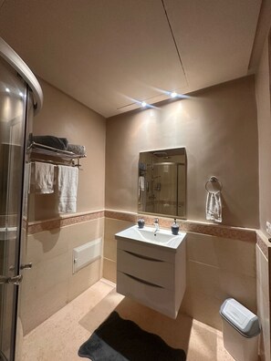 Een douche, een haardroger, een bidet, handdoeken