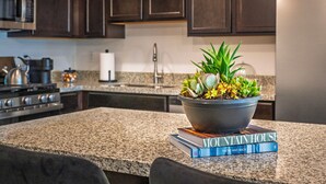 A kitchen with granite countertops, dark wooden cabinets, a stainless steel range hood, and a potted plant on a stack of books. -  New Modern Downtown Penthouse Condo with undercover parking (Flagstaff)
