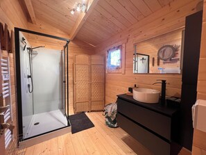 Shower, hair dryer, towels