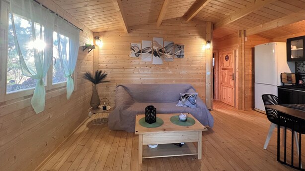 Interior acogedor de una cabaña con techo de madera, un sofá, una mesita y una zona de cocina con refrigerador y estufa.