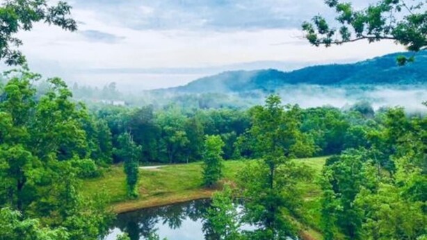 Blick von einem Balkon auf eine üppige, grüne Landschaft mit einem Gewässer und sanften Hügeln in der Ferne.