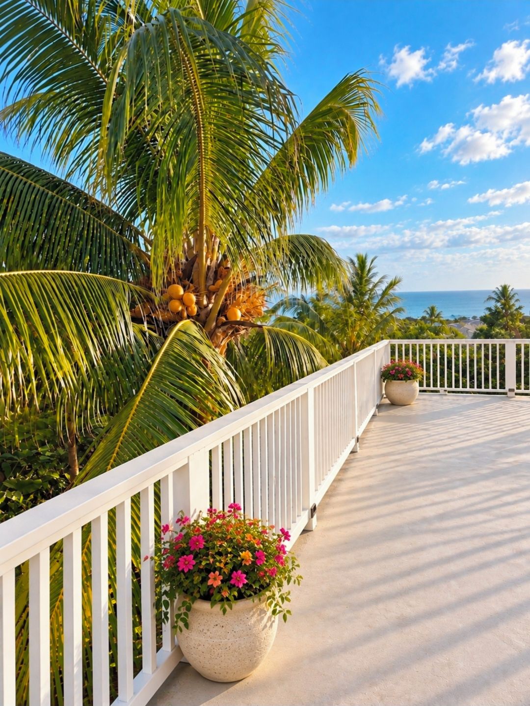Un balcon avec une balustrade blanche, des pots de fleurs et une vue sur l’océan.
