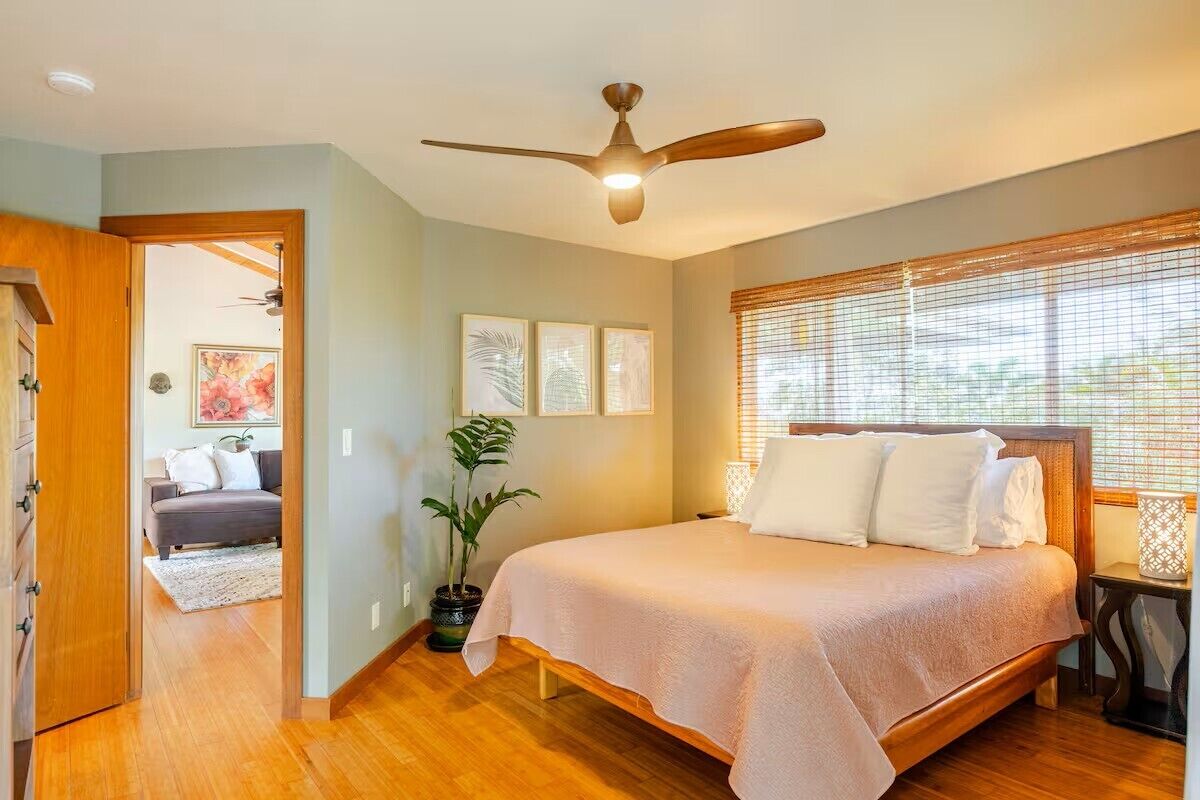 A bedroom with a bed, ceiling fan, and a potted plant.