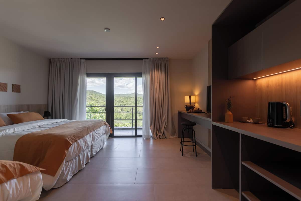 Habitación de hotel moderna con una cama grande, un escritorio con una silla, cafetera y vistas a zonas verdes.