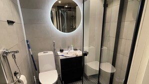 Ein modernes Badezimmer mit einer Duschkabine, einer Toilette und einem Waschbecken.