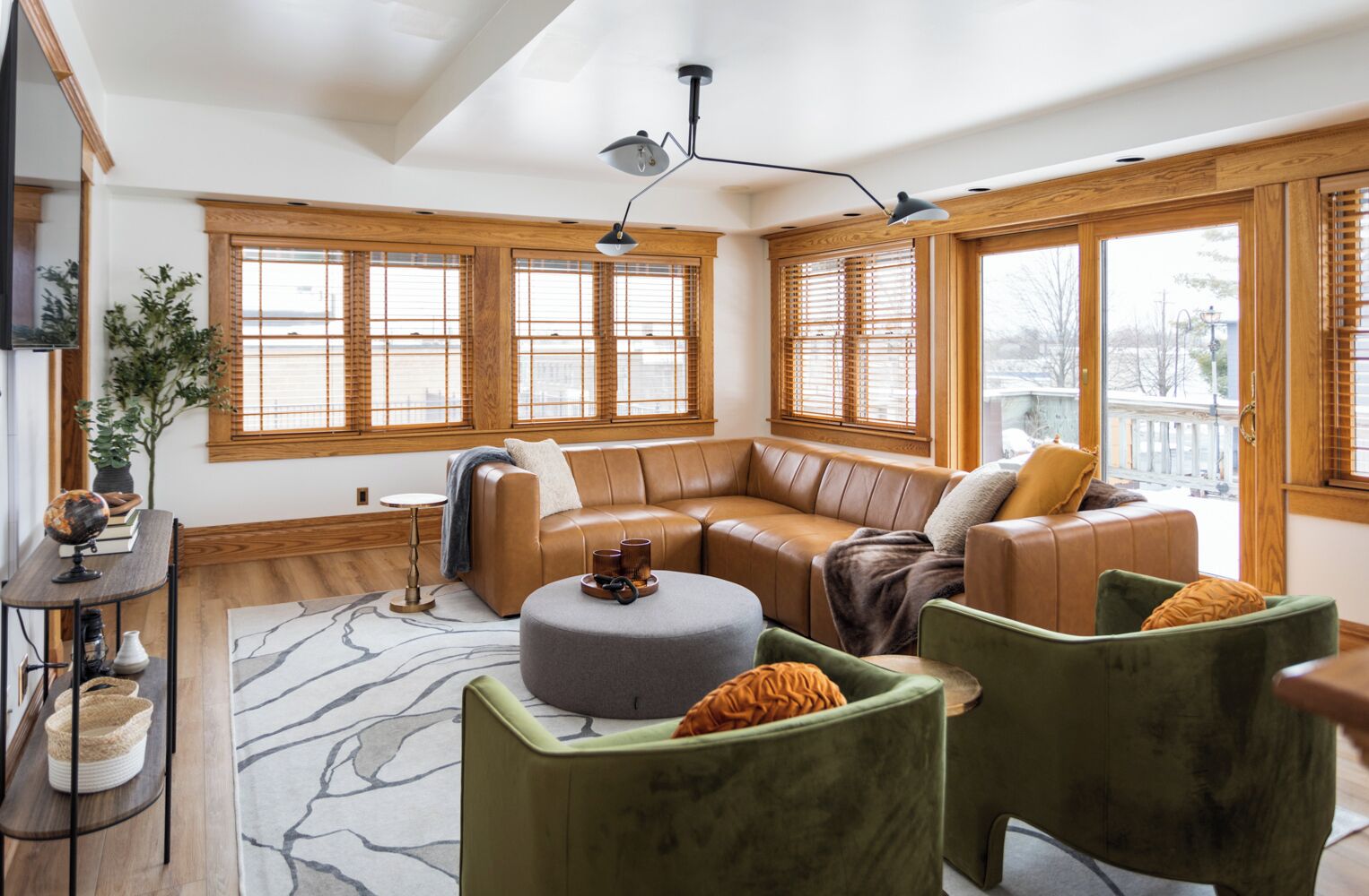 Smart TV, fireplace, books, stereo