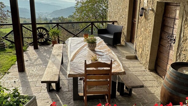 Une terrasse extérieure couverte, avec une table en bois et des bancs, entourée de plantes et de fleurs en pot.