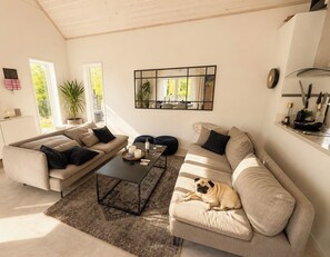 Ein Wohnzimmer mit einer Couch, einem Couchtisch und einem Hund.