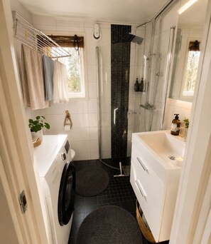 Shower, hair dryer, soap, toilet paper