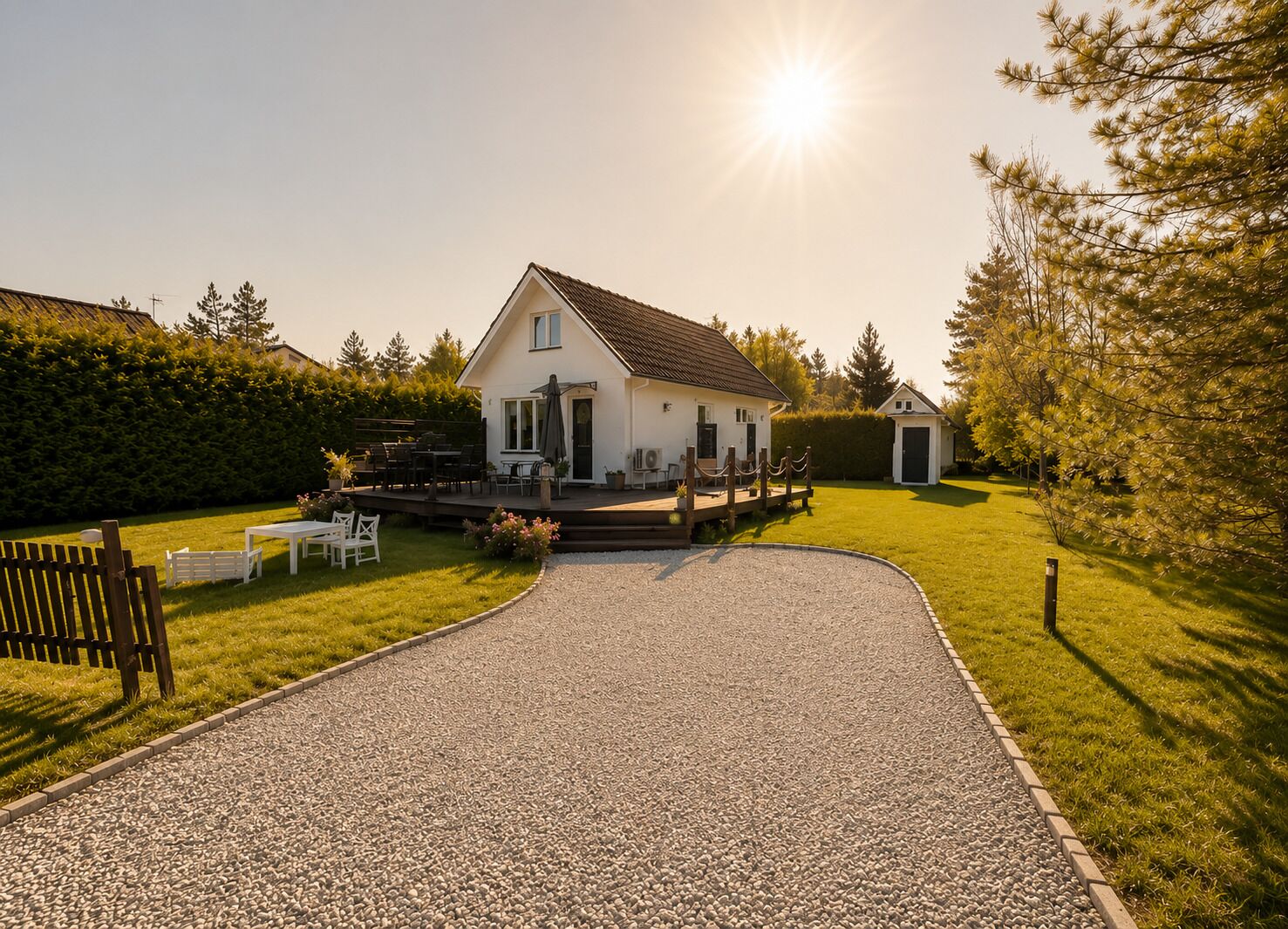 A house with a gravel driveway, a deck with outdoor furniture, and a small shed in the background.