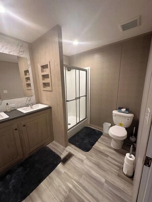 Shower, hair dryer, towels
