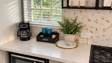 Una cucina con una macchina da caffè, una pianta e un fornello.