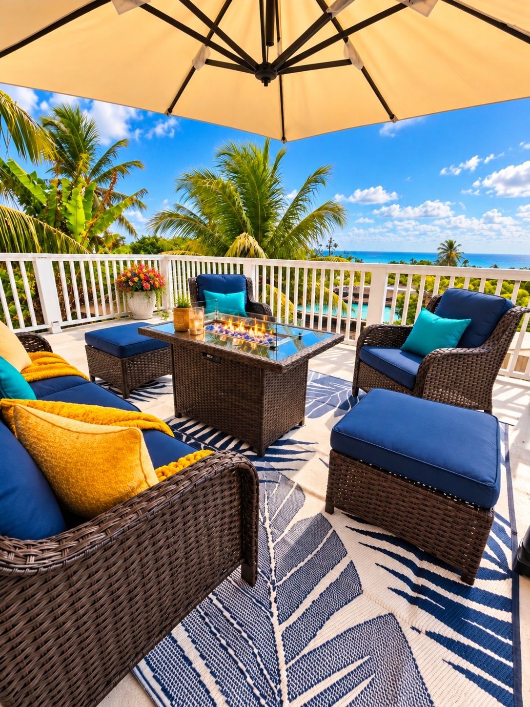 An outdoor patio with wicker furniture, a glass-top table, and a view of the ocean.