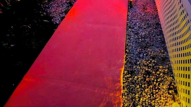 Un sendero iluminado con luces rojas, palmeras y mesas al aire libre.