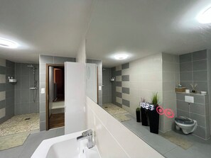 Ducha, bañera de hidromasaje, secador de pelo, toallas