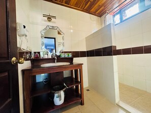 Regadera, secadora de cabello, toallas, jabón 