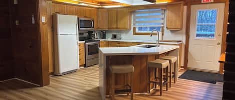 Een microgolfoven, een oven, een kookplaat, een vaatwasser