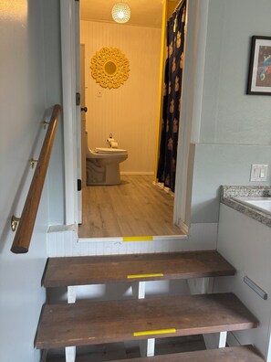 Hair dryer, towels, soap, toilet paper