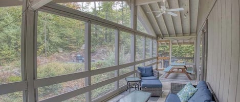 Smart TV, fireplace, DVD player, books