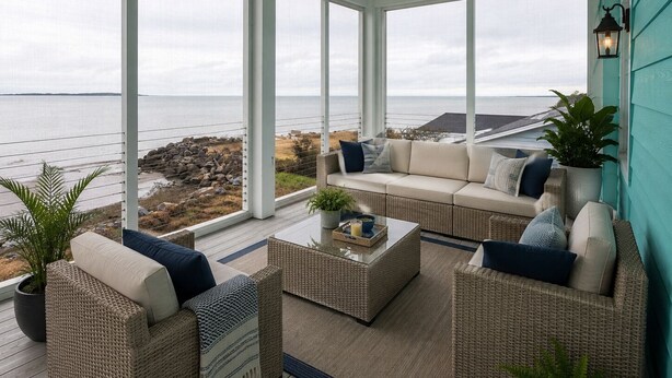 Ett soligt rum med utsikt över havet, inrett med möbler i rotting, ett soffbord i glas och en krukväxt.