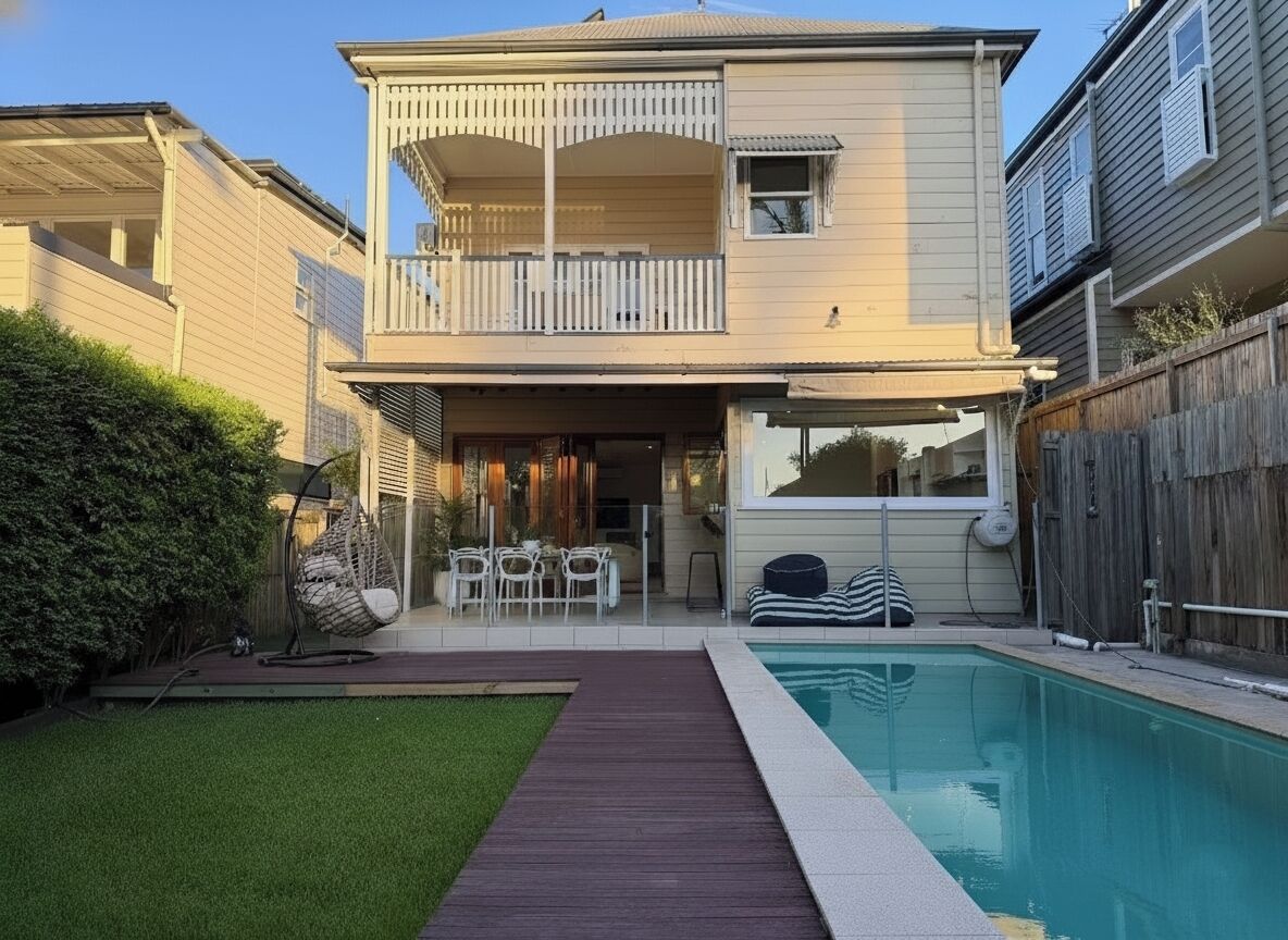 A two-story house with a balcony, a swimming pool, and a patio area with outdoor furniture.