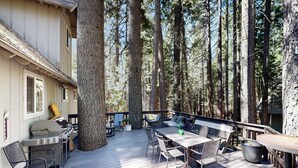 Una terrazza con tavolo e sedie, un barbecue e un grande albero.
