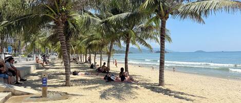 Una playa con palmeras, gente relajándose y un cielo despejado.
