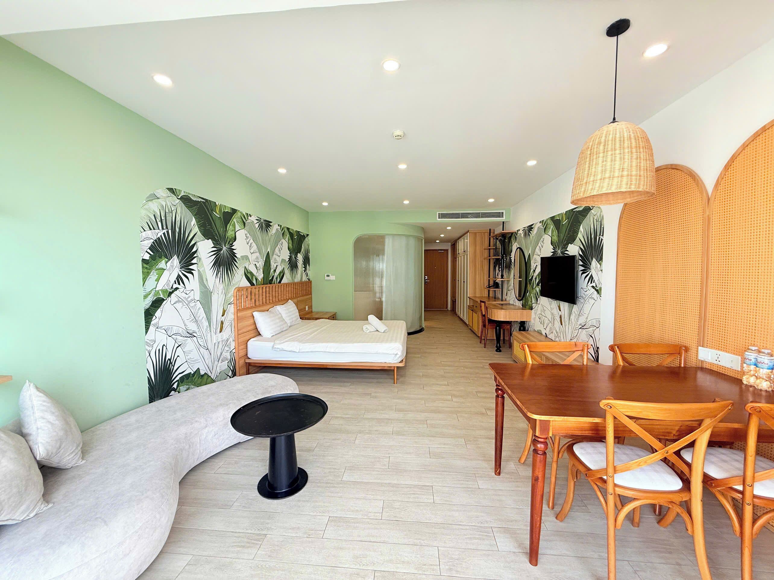 Premium bedding, desk, laptop workspace, blackout curtains