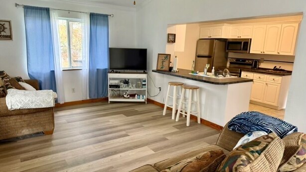 Ein Wohnzimmer mit einer Couch, einem Fernseher und einer Küchenzeile mit Kühlschrank und Mikrowelle.