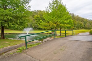 A pathway leading to a pond with a fountain, surrounded by lush greenery and trees. - Golf Course View from Screened Porch, Near Silver Dollar City with Free Tickets, Gated Resort (Reeds Spring)