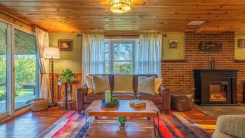 Smart TV, fireplace, books