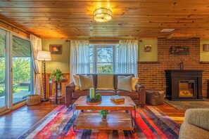 Smart TV, fireplace, books