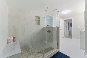 Shower, hair dryer, towels, soap - Marvelous 4BR Home w/ Fenced Patio & TVs in every room (Mableton)