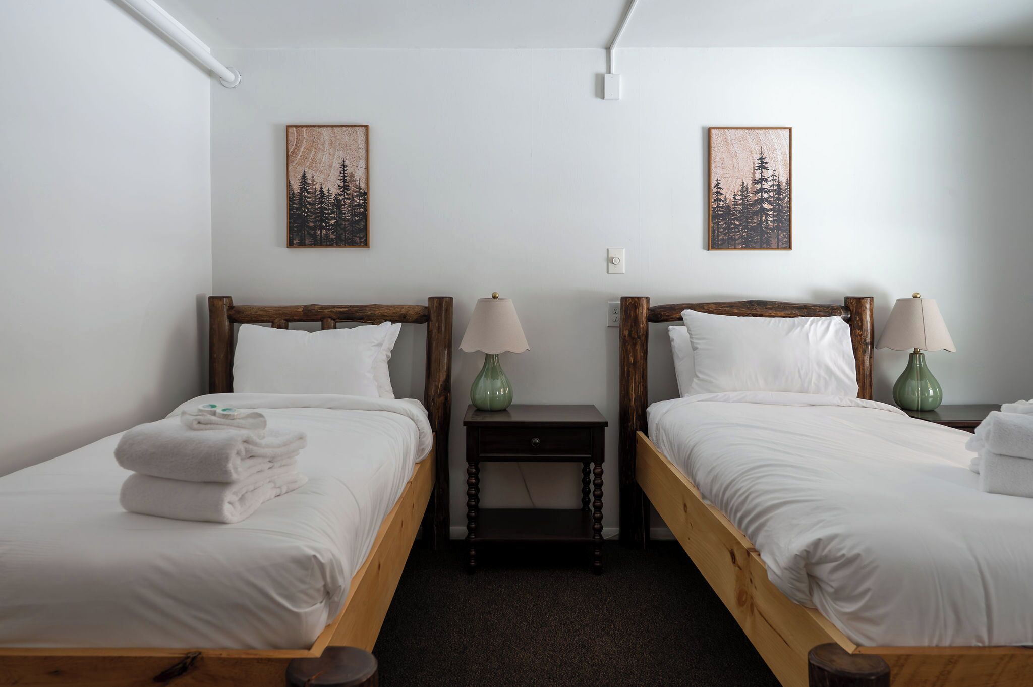Habitación doble con dos camas individuales, cada una con cabecero de madera, ropa de cama blanca y un jarrón verde sobre una mesita de noche.
