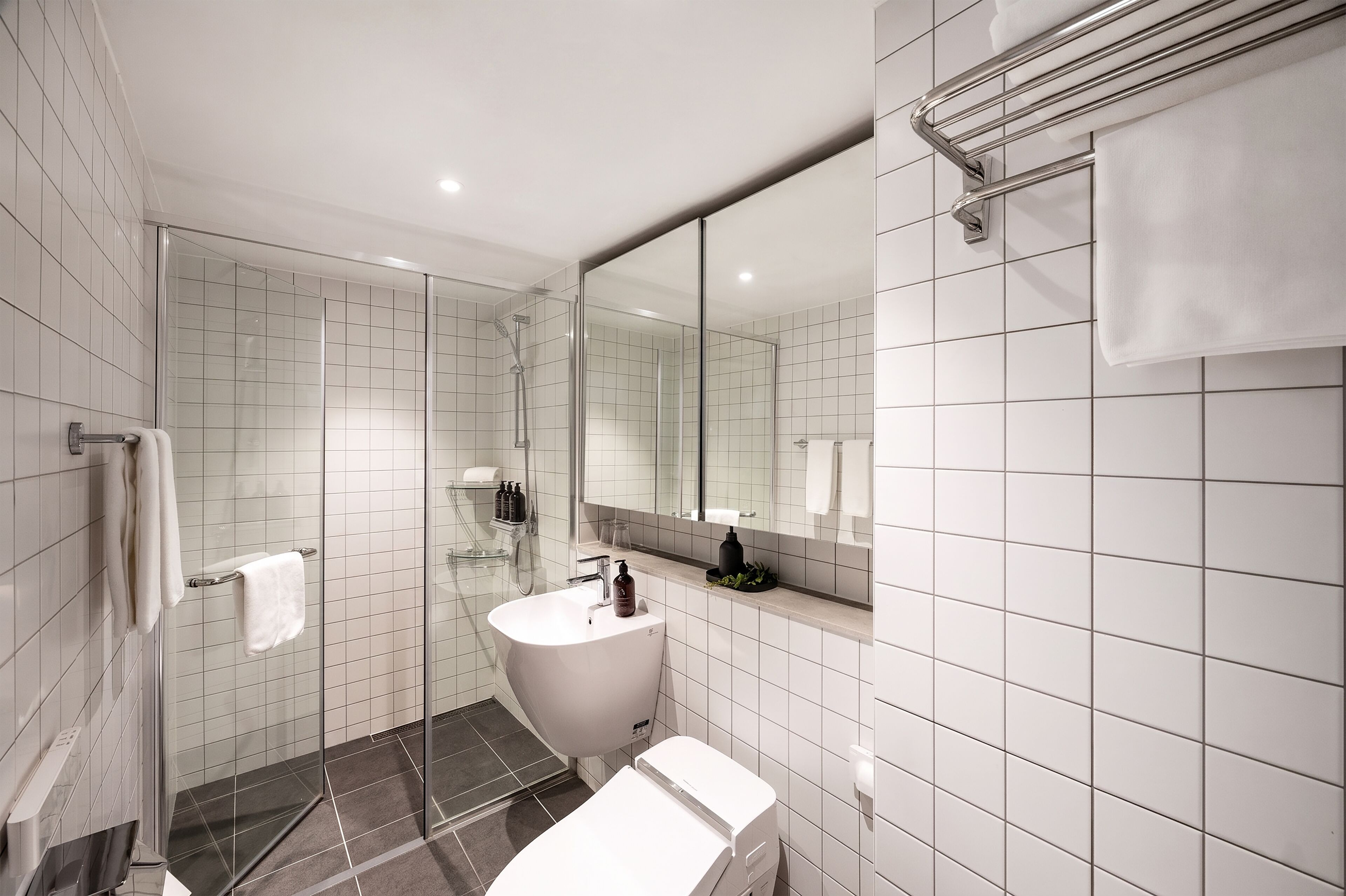 A modern bathroom with a glass shower enclosure, a white sink, and a large mirror.