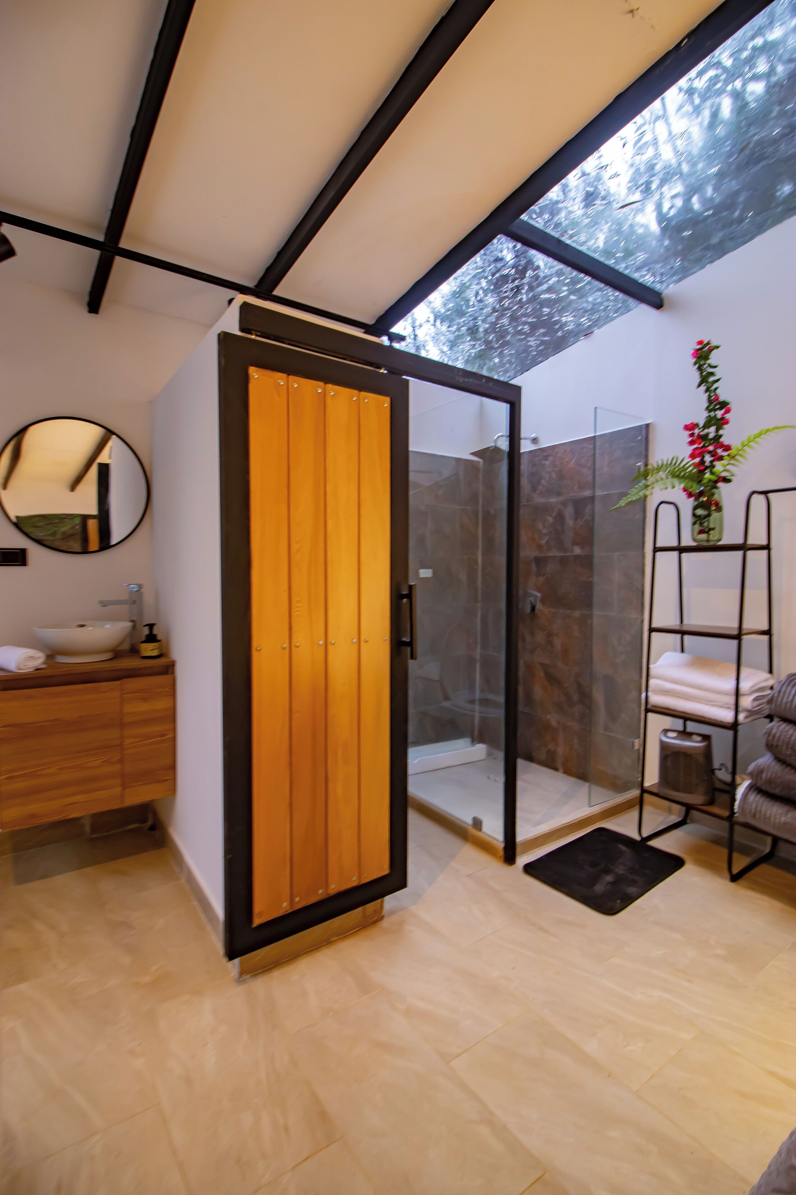 Shower, jetted tub, towels, soap