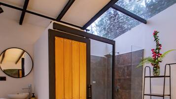 Shower, jetted tub, towels, soap