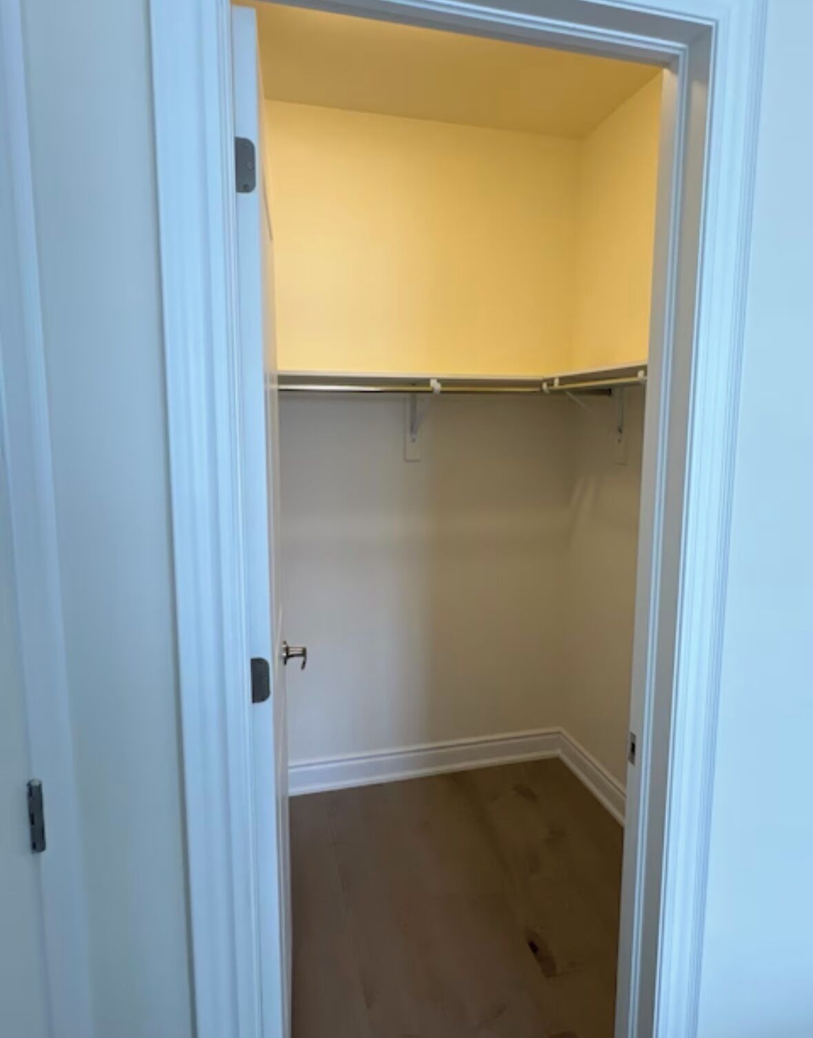 A closed closet with a white door, beige walls, and a wooden floor.