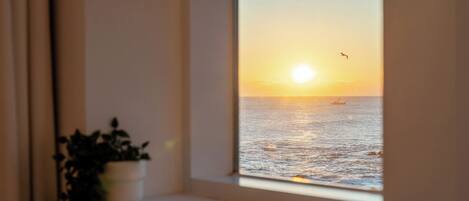 A window with a view of the sea at sunset, a potted plant on the windowsill, and a bird flying in the sky.
