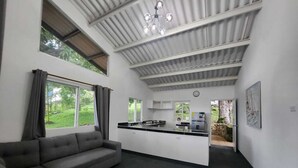 Un salon moderne avec un canapé gris, un coin cuisine doté d’un plan de travail noir et une vue sur l’extérieur grâce à de grandes fenêtres.