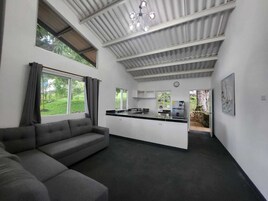 Una sala de estar moderna con un sofá gris, una zona de cocina con encimera negra, y vistas al exterior a través de amplios ventanales.